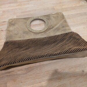 Women's 406 Woven Fold Over Suede  Bag in Beige/Brown